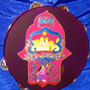 Miriam Hamsa red sea crossing 8&quot;inch Dark Deep Purple hand painted TambourineShips from Israel