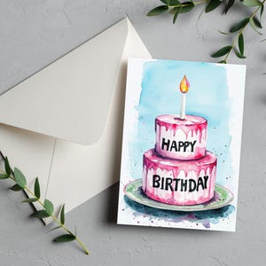 Carte d'anniversaire - Impression numérique - Imprimez votre propre carte - Aquarelle - Gâteau à plusieurs niveaux