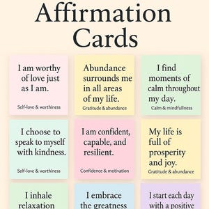 Cartes d'affirmation imprimables | 36 cartes positives | Amour de soi, pleine conscience, gratitude | Téléchargement PDF | 2 tailles incluses
