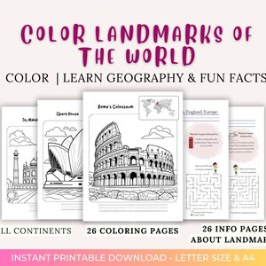 Geography Learning Resources: Landmarks of The World Learn Through Play for Kids Tweens and Teens Coloring Pages Of the Best Places on Earth
