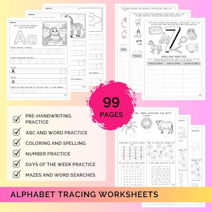 Alphabet Tracing Worksheets Kindergarten Pre-K Preschool ABC Tracing & Coloring Book Printable ABC Activity Book Letter Handwriting Practice