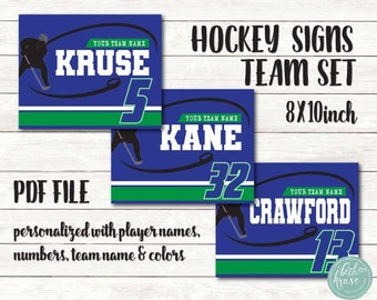 May include: Three hockey player signs with blue, green, and white colors. The signs feature a hockey player skating with a stick, a player's name, and a number. The signs are 8x10 inches and are personalized with player names, numbers, team name, and colors.