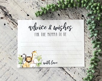 May include: A white card with the text "advice & wishes for the momma to be" and "with love."  The card has a line drawing of a zebra, lion, giraffe, and elephant.