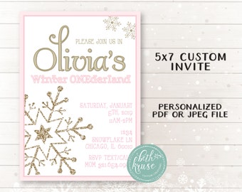 Winter ONEderland Invitation -- PERSONALIZED Winter Pink and Gold Glitter Party Invite PDF or JPEG File by Beth Kruse Custom Creations