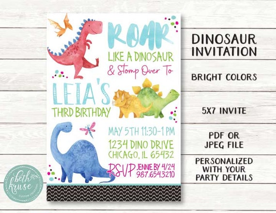 Dinosaur Printable Invitation - Bright Colors Dinosaur - Cute Dino - PDF Printable File or JPEG by Beth Kruse CC Il_570xn