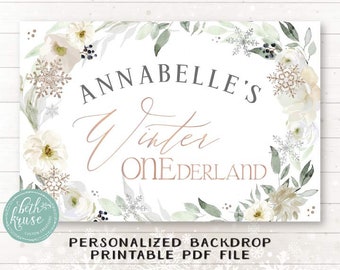 Winter ONEderland Party Backdrop -- Winter Floral PERSONALIZED Printable PDF File Backdrop in White - Copper - Rose Gold by Beth Kruse CC