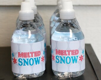 Melted Snow Water Bottle Labels Printable Instant Download Winter Party Christmas/ Pink Silver ...