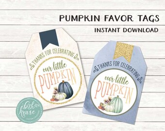 Pumpkin Patch Printable Favor Tags -- Blue Watercolor Pumpkins --- Our Little Pumpkin ---  by Beth Kruse Custom Creations