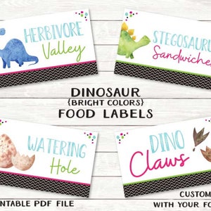 Dinosaur Food Labels Customized Printable PDF Files Colorful Dinosaur Party by Beth Kruse CC image 1