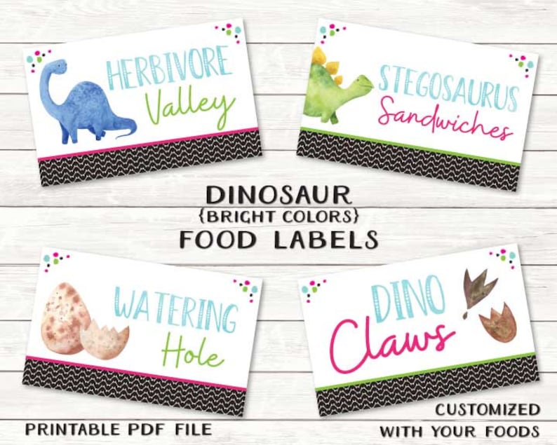 Dinosaur Food Labels Customized Printable PDF Files Colorful Dinosaur Party by Beth Kruse CC image 1