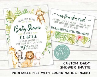 May include: Printable baby shower invitation with a jungle theme. The invitation features a green and white background with a circle in the center that says "Baby Shower" in honor of Bea Wagener. The invitation also includes a date, time, and location for the shower. The insert card says "in lieu of a card" and asks guests to bring a children's book instead of a card. The insert card also includes information about where Bea is registered.
