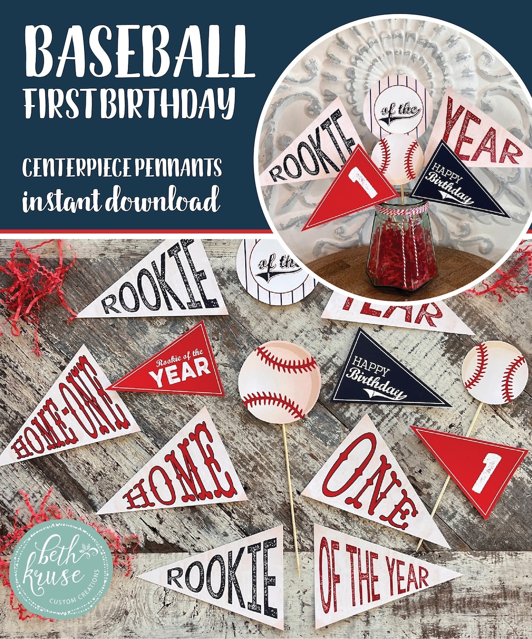 Baseball Pennant Centerpiece Printable PDF File - First Birthday ...