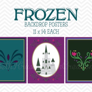 Könnte beinhalten: Drei bedruckbare Hintergrundposter zum Thema Frozen. Die Poster sind jeweils 11 x 14 Zoll groß. Das erste Poster zeigt einen blaugrünen Hintergrund mit einem stilisierten Blumenmuster. Das zweite Poster zeigt einen lila Hintergrund mit einem weißen Schloss und floralen Akzenten. Das dritte Poster zeigt einen dunkelgrünen Hintergrund mit einem stilisierten Blumenmuster mit rosa Blüten.