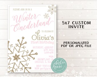 Winter ONEderland Invitation -- PERSONALIZED Winter Pink and Gold Glitter Party Invite PDF or JPEG File by Beth Kruse Custom Creations