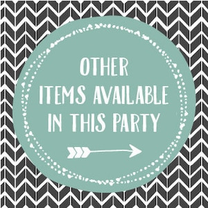 K&ouml;nnte beinhalten: Ein t&uuml;rkisfarbener Kreis mit wei&szlig;em Rand und wei&szlig;en Punkten. Der Text "OTHER ITEMS AVAILABLE IN THIS PARTY" ist in Wei&szlig; geschrieben. Ein wei&szlig;er Pfeil zeigt nach rechts.
