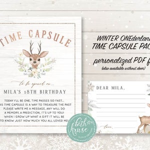 Cápsula del tiempo Winter ONEderland con ciervos del bosque: archivo PDF personalizado con purpurina de cobre, oro rosa y flores de invierno de Beth Kruse CC
