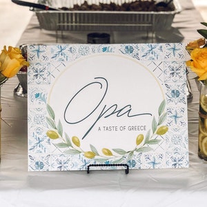 Cartello da tavolo per cibo greco 11x14 - Doccia greca - Opa! - Grecia - Piastrelle blu - Mediterraneo - Limone - Oliva - PDF stampabile da scaricare immediatamente