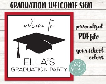 May include: A graduation welcome sign with a black mortarboard illustration. The sign has a red border and includes the text "Graduation Welcome Sign", "welcome to", "ELLA'S GRADUATION PARTY", and "personalized PDF file your school colors".