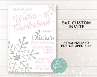 Winter ONEderland Invitation -- PERSONALIZED Winter Pink and Silver Glitter Party Invite PDF or JPEG File by Beth Kruse Custom Creations