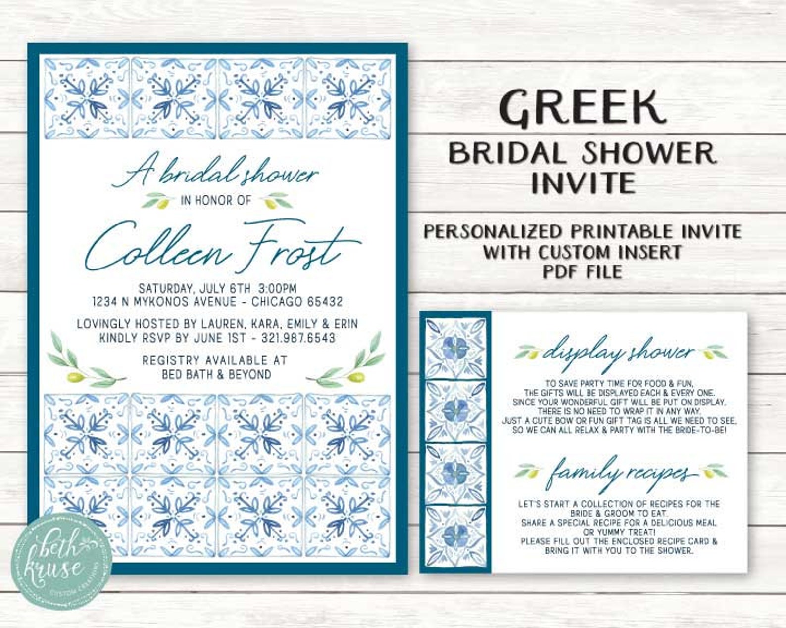 Greek Bridal Shower Invitation Greece Blue Tile Etsy