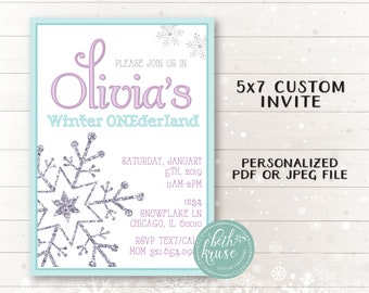 Winter ONEderland Invitation -- PERSONALIZED Winter Party Lavender and Aqua Invite PDF or JPEG File by Beth Kruse Custom Creations