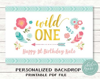 Wild One First Birthday Backdrop PDF Printable File -- Boho Birthday -- Floral Tribal Personalized Backdrop by Beth Kruse CC