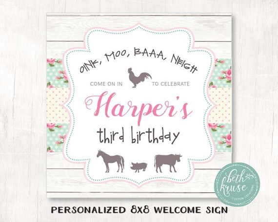 Farm Party 8x8 Welcome Sign -- Personalized Barnyard Sign -- Girlie Farm -- Shabby Chic Petting Zoo - by Beth Kruse CC - PDF Il_570xn