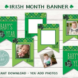 St. Patrick&#39;s Day Month by Month Photo Banner - Irish First Year Banner - Irish Birthday PDF Instant Download - By Beth KruseCC