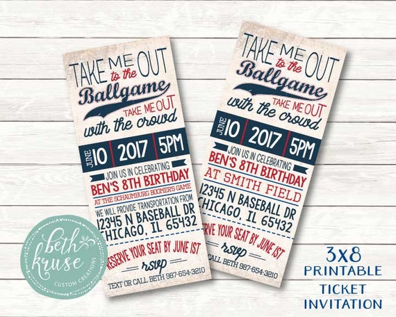Baseball Invite Ticket Design 3x8 Printable Invitation file by Beth Kruse Custom Creations