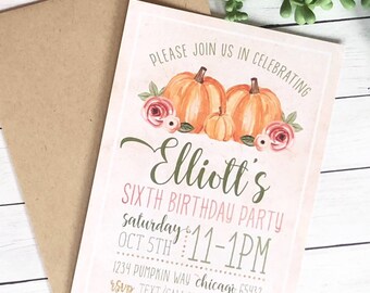 May include: A pink and white invitation with a watercolor illustration of pumpkins and flowers. The text reads "Please join us in celebrating Elliott's Sixth Birthday Party Saturday Oct 5th: 11-1PM 1234 Pumpkin Way Chicago 65432 RSVP Text/Call Beth 9876543.210"