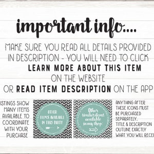 Puede incluir: Una imagen digital con texto que dice "informaci&oacute;n importante..." y proporciona instrucciones para los compradores de Etsy. El texto dice "Aseg&uacute;rate de leer todos los detalles proporcionados en la descripci&oacute;n: deber&aacute;s hacer clic en obtener m&aacute;s informaci&oacute;n sobre este art&iacute;culo en el sitio web o leer la descripci&oacute;n del art&iacute;culo en la aplicaci&oacute;n." La imagen tambi&eacute;n incluye tres c&iacute;rculos con texto que dice "Otros art&iacute;culos disponibles en esta fiesta", "Otros art&iacute;culos similares disponibles en mi tienda", y "Cualquier cosa despu&eacute;s de estos iconos debe comprarse por separado. El t&iacute;tulo y la descripci&oacute;n describen exactamente lo que recibir&aacute;s".