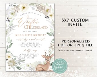 Winter ONEderland Woodland Deer Invitation -- Personalized Winter Floral Rose Gold Copper Glitter Invite PDF or JPEG File by Beth Kruse CC
