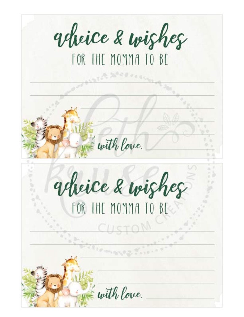 Safari Baby Shower Advice Cards Zoo Animals Jungle Lion Etsy