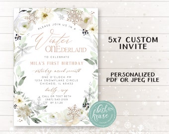 Winter ONEderland Invitation -- Personalized Winter Floral Rose Gold Copper Glitter Invite PDF or JPEG File by Beth Kruse CC