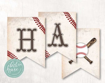 May include: A baseball-themed banner with the letters "HA" in brown on a white background with red stitching. The banner is decorated with a baseball and crossed bats.