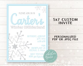 Winter ONEderland Invitation -- PERSONALIZED Winter Party Blue and Gray Invite PDF or JPEG File by Beth Kruse Custom Creations