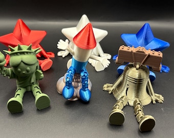 Figuras articuladas patrióticas impresas en 3D para colocar en estantes – Set del 4 de julio