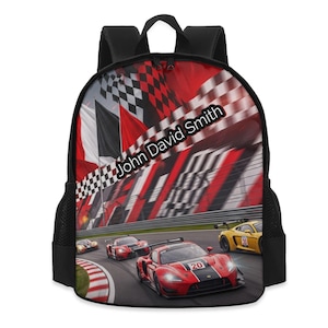 Personalized Race Car Backpack: Custom Name School Bag, 13 Inch