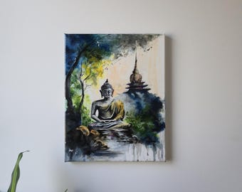 Framed Buddha Lotus Acrylic Painting on Canvas | Spiritual Home Decor