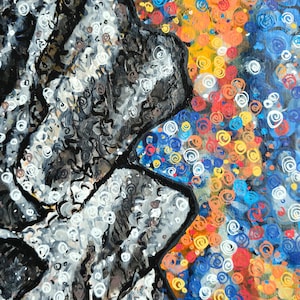 May include: Abstract painting with a textured, grayscale form on the left and a vibrant, colorful background on the right. The background features swirls of red, orange, yellow, and blue, creating a dynamic contrast.