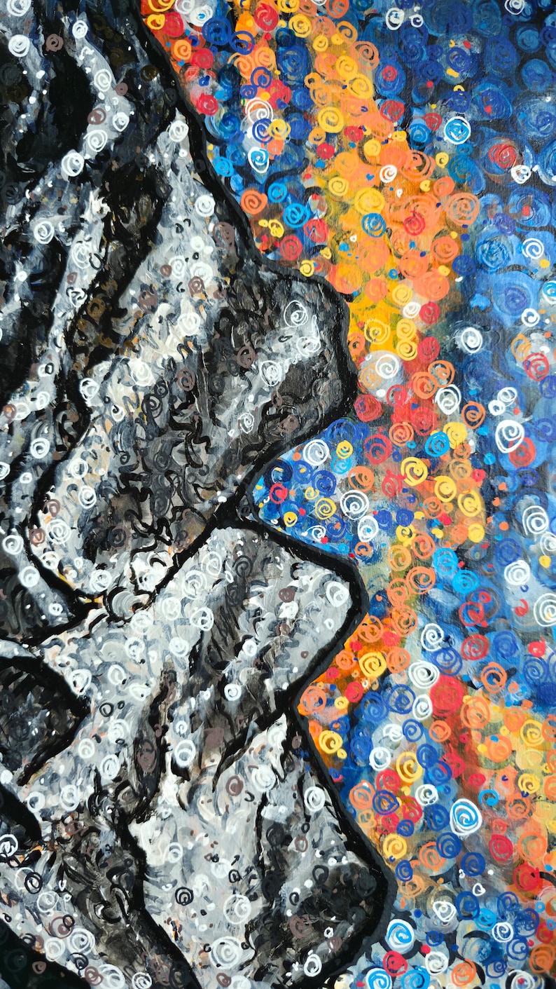 May include: Abstract painting with a textured, grayscale form on the left and a vibrant, colorful background on the right. The background features swirls of red, orange, yellow, and blue, creating a dynamic contrast.