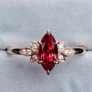 Elegant Marquise Ruby and Diamond Floral Ring in Gold – Vintage Inspired, Unique Gemstone Engagement Ring, Boho Statement Jewelry