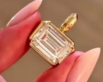 3.00 Ct Emerald Cut Lab Grown Diamond East West Emerald Pendant Bezel Set Lab Diamond Pendant Pendant 14k Solid Yellow Gold Diamond Pendants