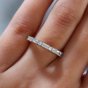 Bague en or massif avec diamants moissanite taille baguette et taille princesse, demi-alliance, bague d'anniversaire en diamants simulés.