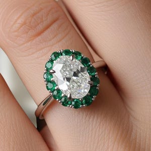 3 Ct Oval Lab Grown Diamond Ring: Emerald Halo, 14K White Gold