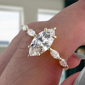 2.40 Marquise Cut Diamond Engagement Ring – Lab Grown Diamond with Side Stones in 14K White Gold – Unique Modern Ring for Her – Anniversary