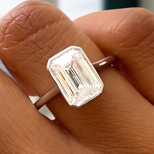Emerald Cut Lab Grown Diamond Ring: Yellow Gold Bezel Solitaire, IGI Certified