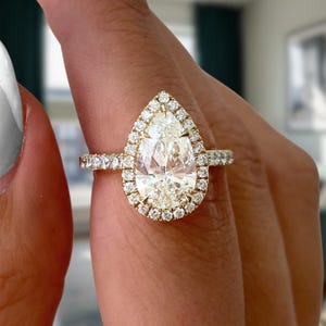 Pear Cut Lab Grown Diamond Engagement Ring: 18K Yellow Gold Halo, Pave Band