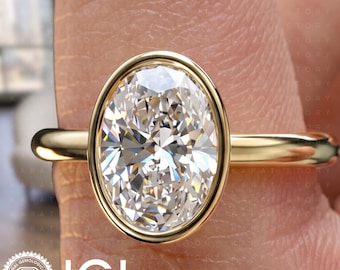 Oval Lab Grown Diamond Engagement Ring Full Bezel Yellow Gold IGI Certified Solitaire Handmade Ethical Bespoke Bridal Luxury Fine Art New
