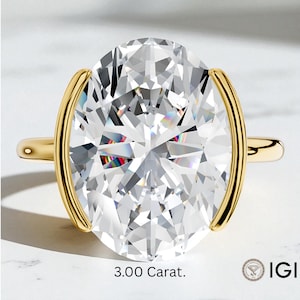 3-5 Carat Oval Lab Grown Diamond Ring: 18K Yellow Gold Bezel Solitaire